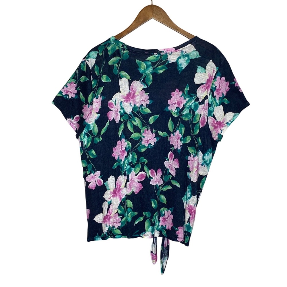 J Jill Love Linen Womens Floral Tie Front Linen Top XL Blue Pink Tropical Resort - Picture 6 of 12